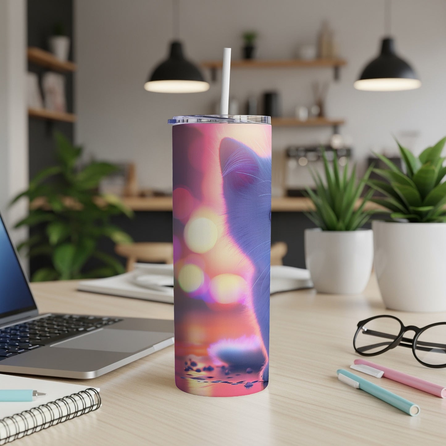 Blue cat design on a white tumbler with straw on a desk.