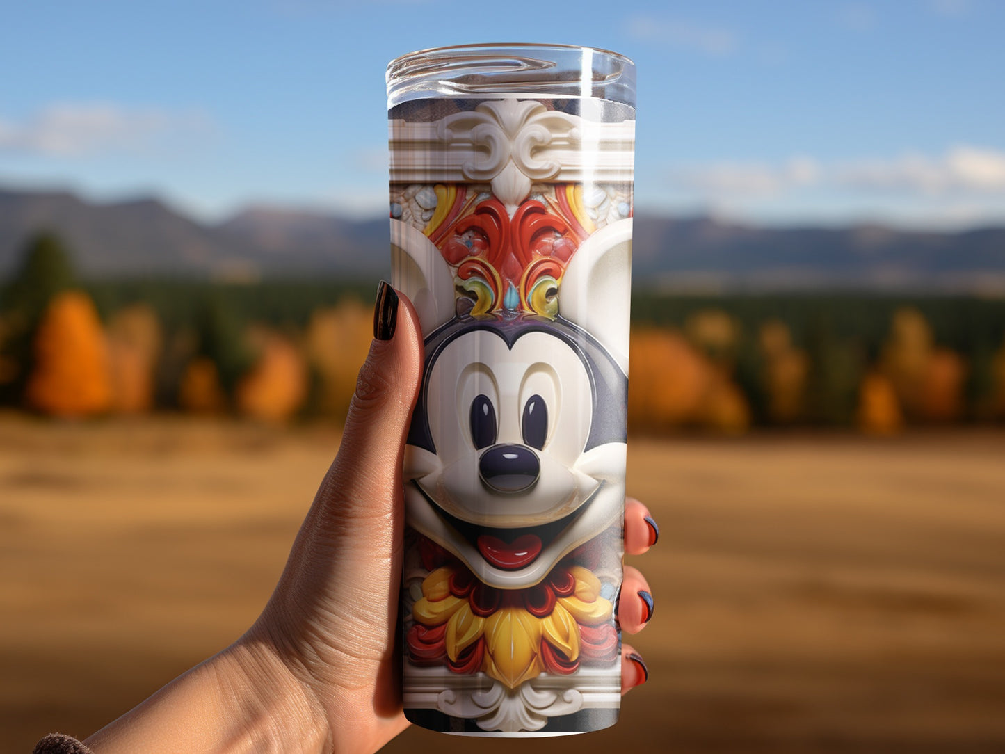 Mickey Mouse Themed Tumbler with Autumn Background