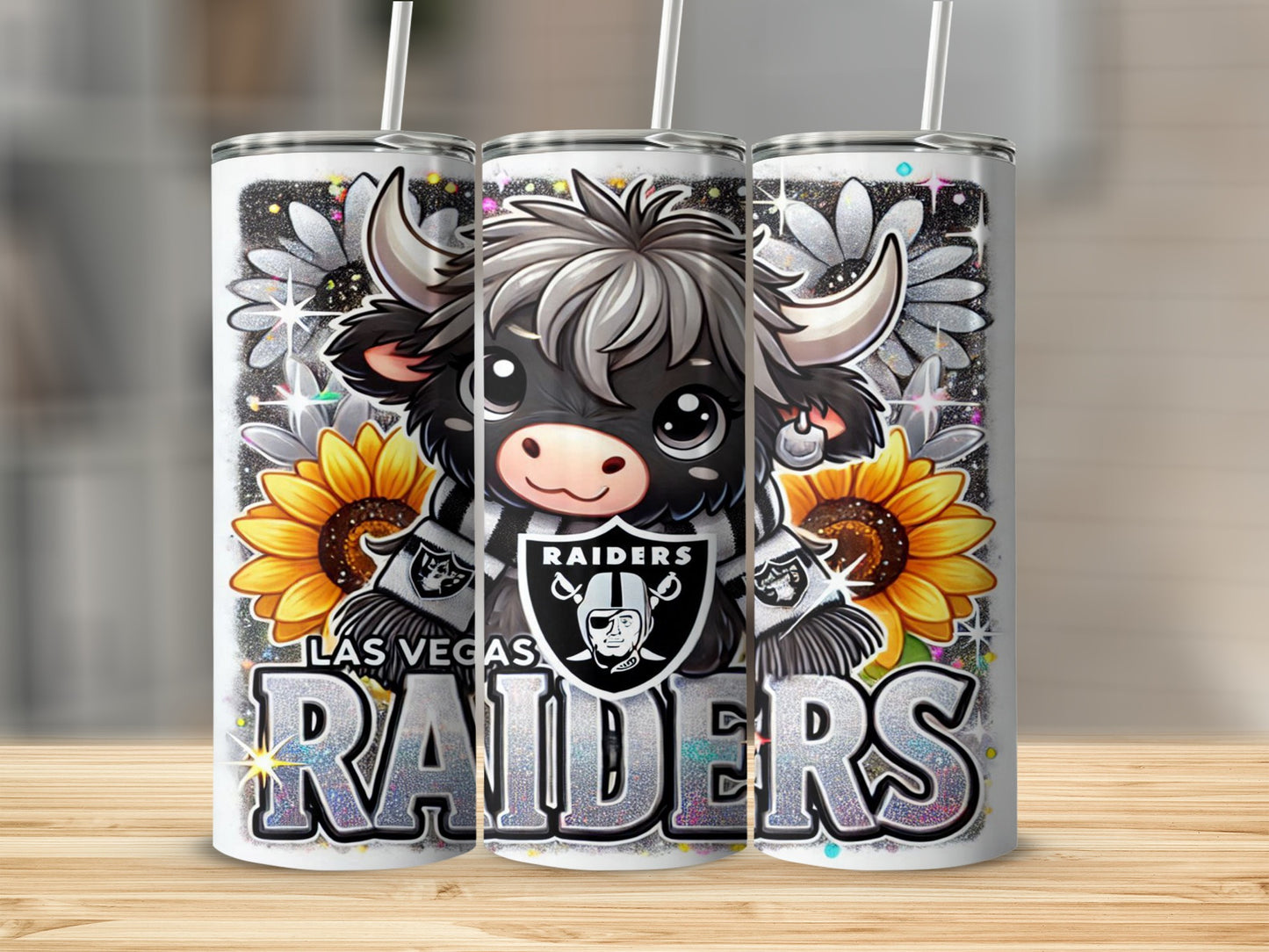 Chibi bull with Raiders logo and sunflowers on glittery tumbler.