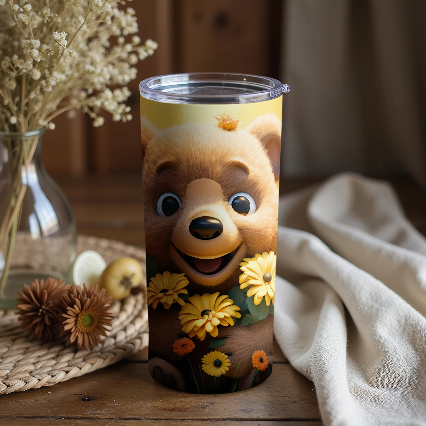 Happy Smiling Bear Yellow Flower Butterfly Tumbler product type
bear
cartoon bear
happy bear
smiling bear
cute bear
animal design
tumbler
drinkware
beverage holder
yellow flowers
orange flowers
floral design
butterfly
sunny design
joyful character
whimsical
kids drinkware
gift idea
travel mug
fun design