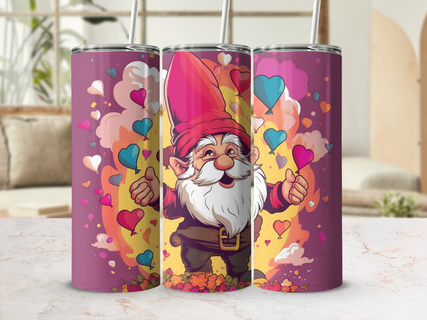 Cheerful Gnome with Colorful Hearts Design Tumbler