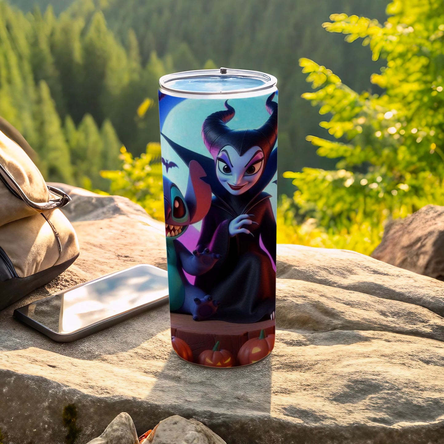 Maleficent and Stitch Halloween Tumbler with Pumpkins