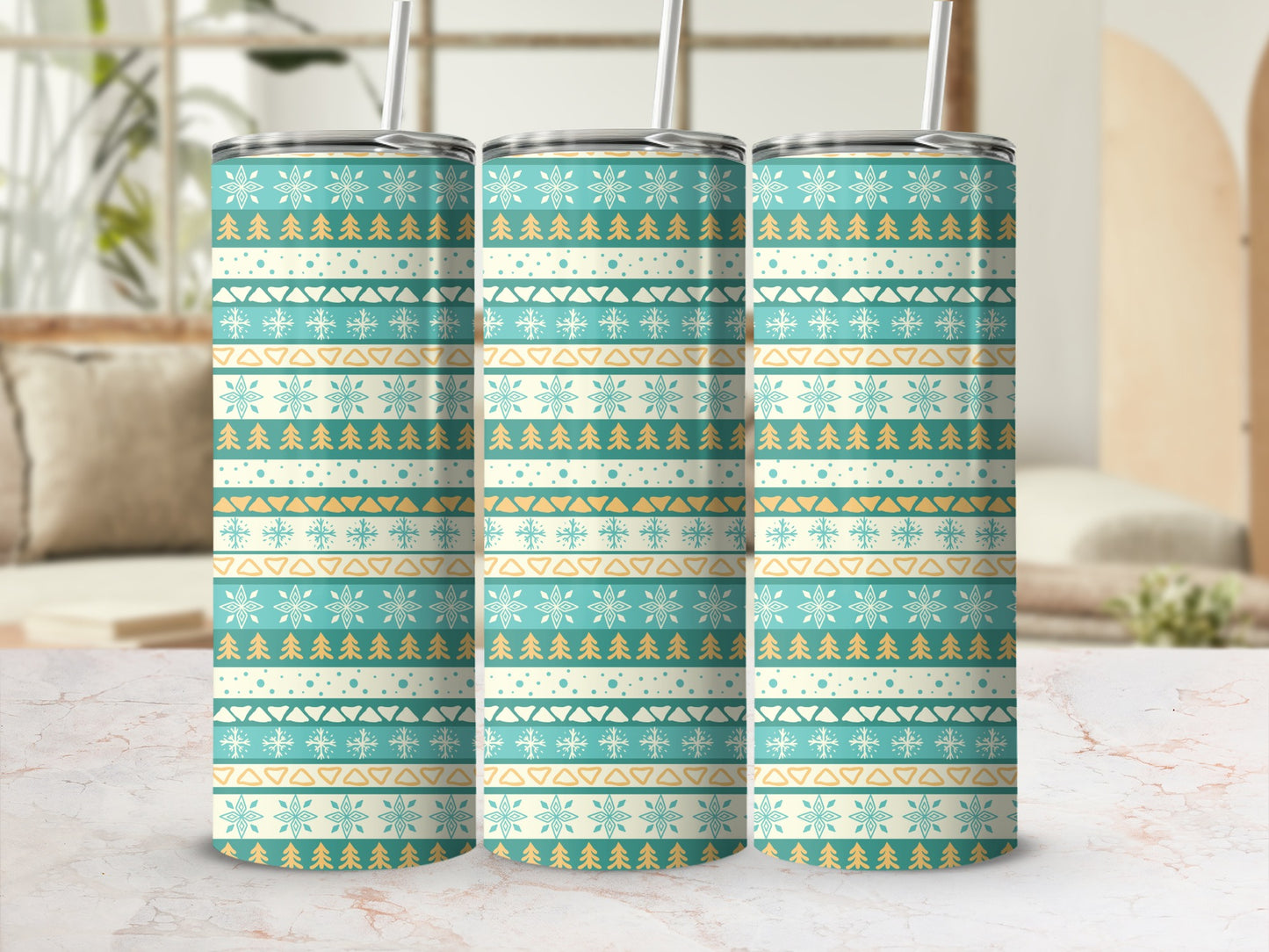 Festive Tree and Snowflake Pattern Insulated Tumbler