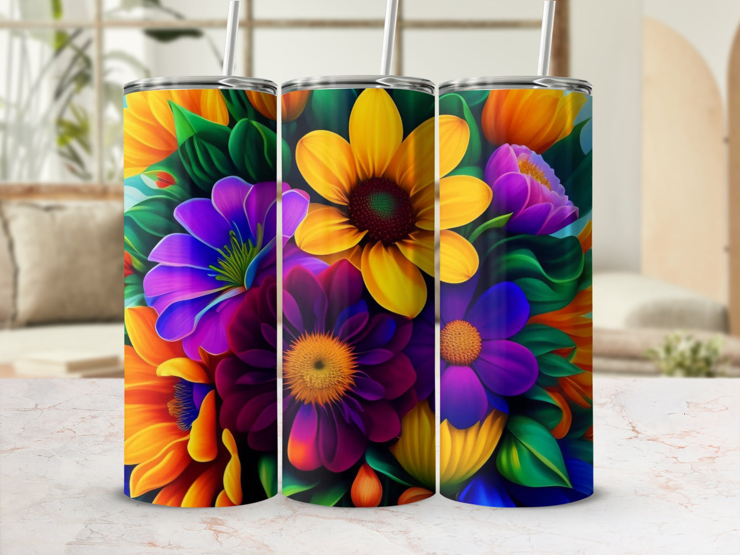 Colorful Floral Print Tumbler with Vivid Bloom Pattern
