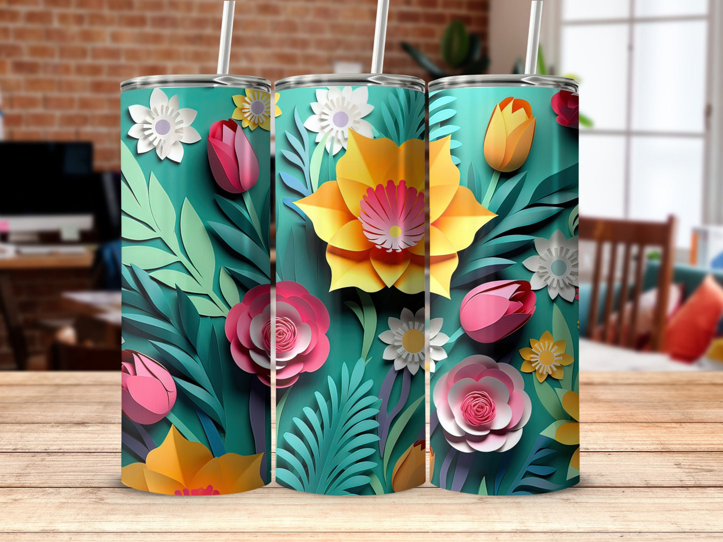Vibrant Floral Design Tumblers with Straw 20oz Cups