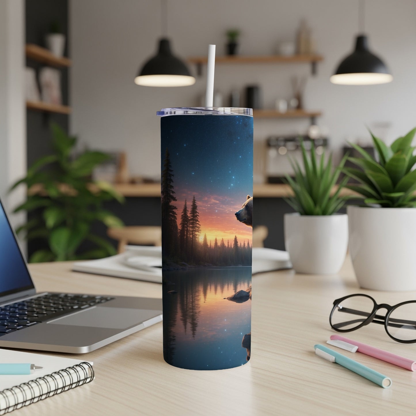 Bear on a lake shore under a starry sky on a tumbler.