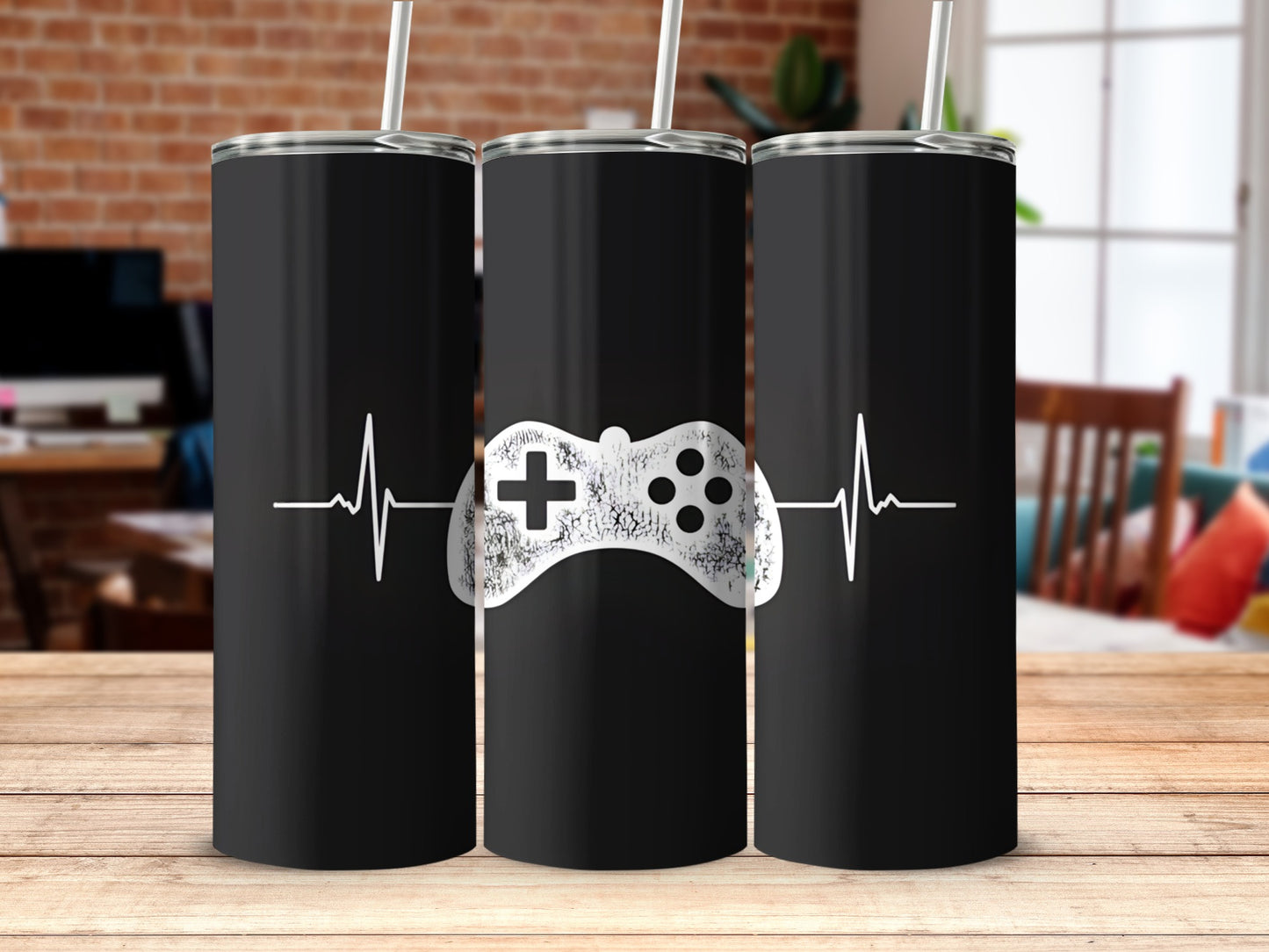 Video Game Heartbeat Pattern on Black Tumbler