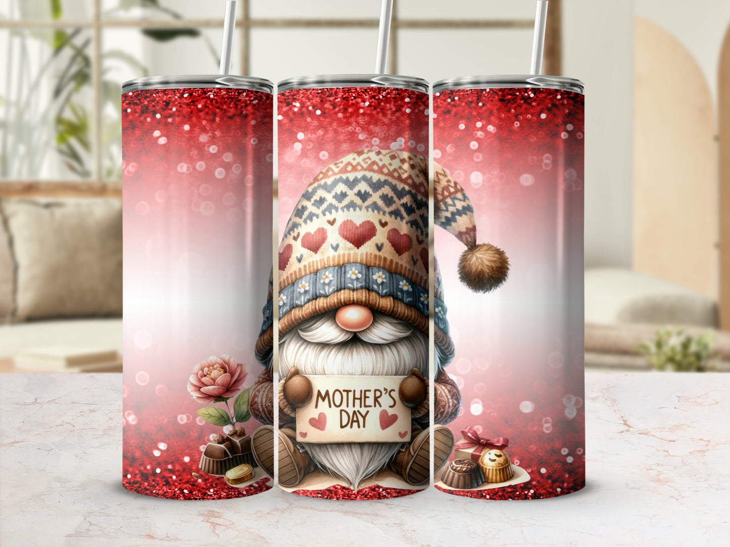 Mother's Day Gnome Tumbler Red Glitter Effect