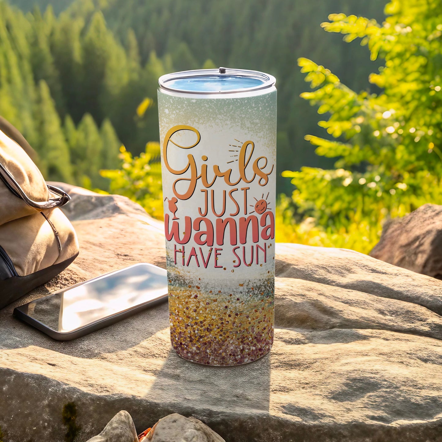 Girls Just Wanna Have Sun Glitter White Gold Pink Tumbler