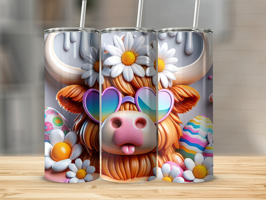 Tumbling Highland cow with heart-shaped sunglasses and Easter eggs.