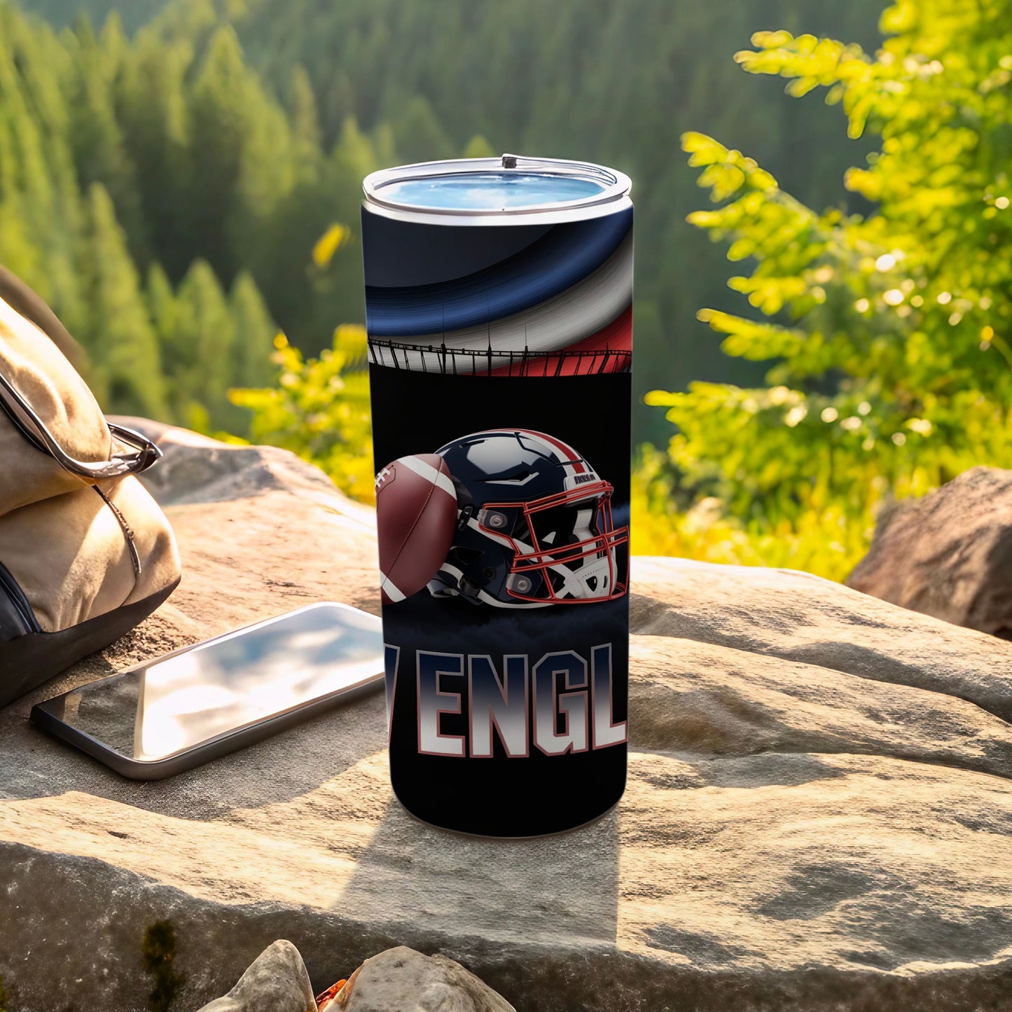 Black tumbler with New England Patriots logo and football.