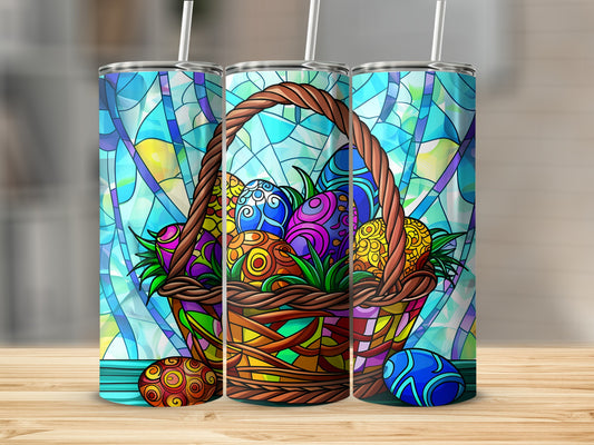 Easter basket with colorful decorated eggs, stained glass background.