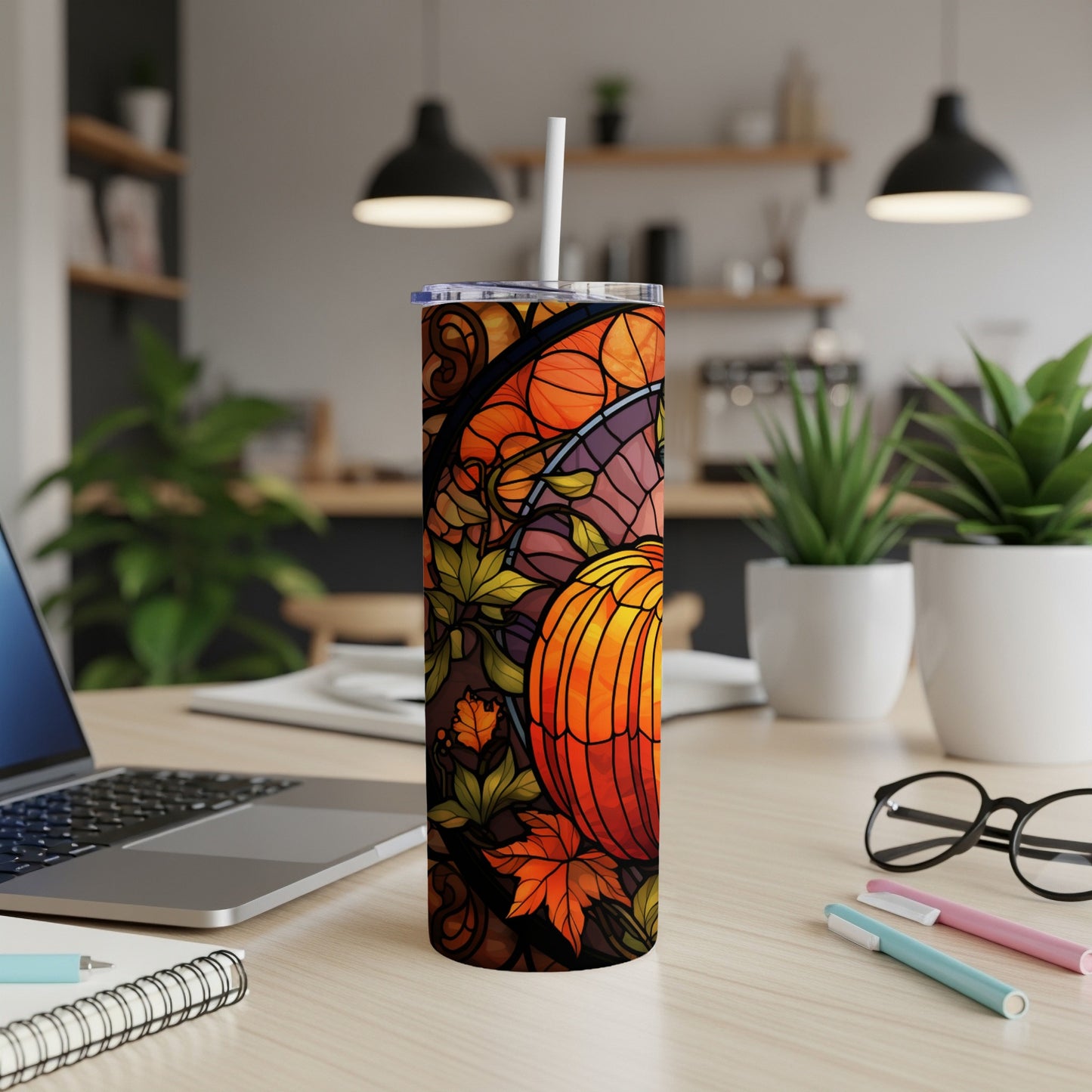 Fall-themed tumbler with a stained-glass pumpkin and autumn leaves design.