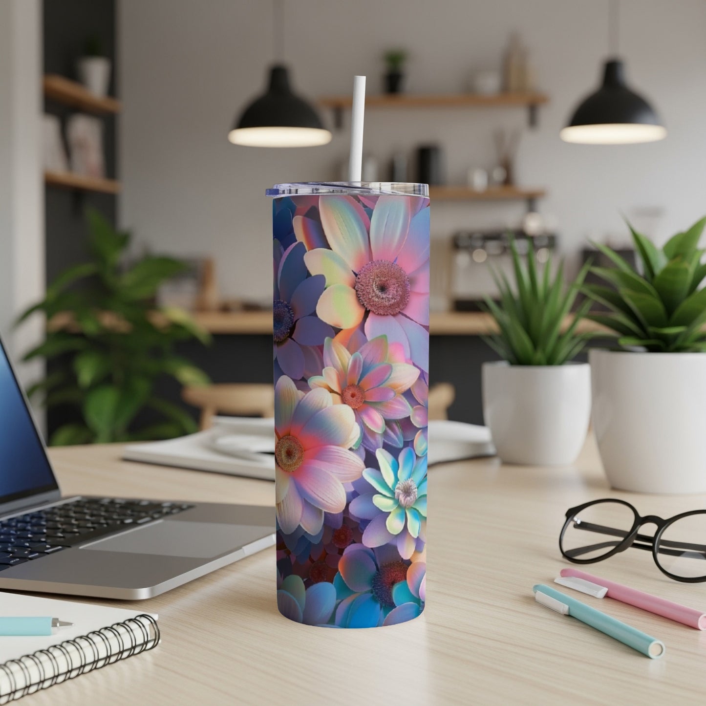 Colorful floral pattern on a tall, slender tumbler with a straw.