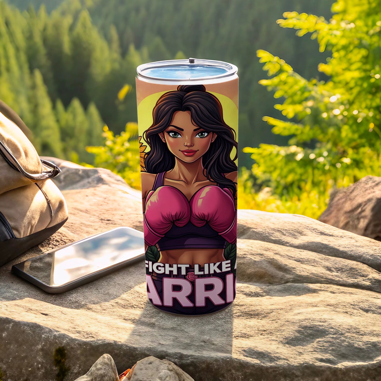 Tumbler with illustration of a woman in boxing gloves and text "Fight Like a Warrior".