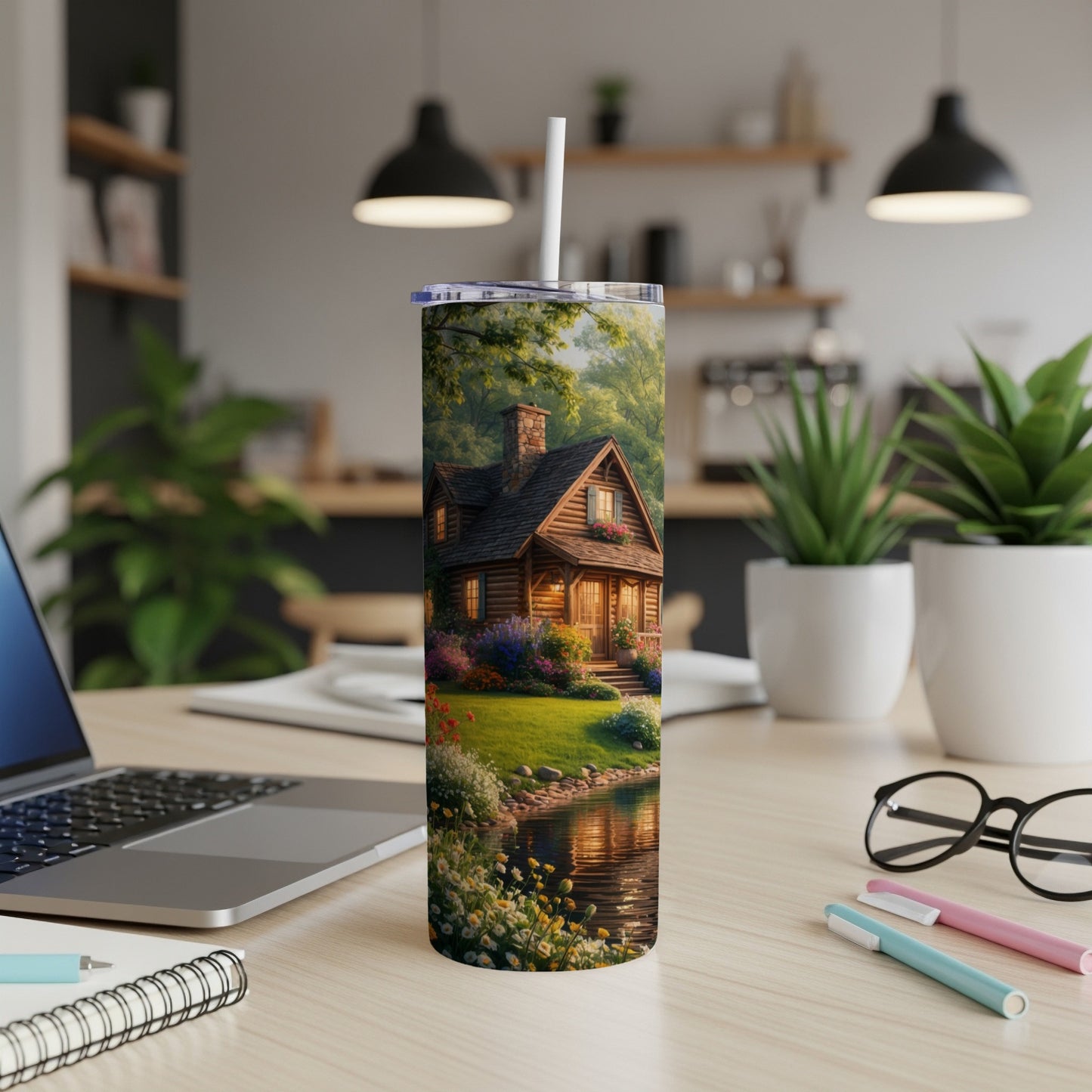 Cozy cabin by a pond with flowers, on a tumbler.