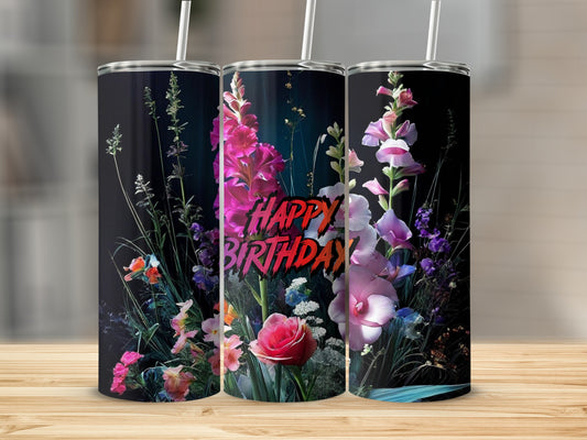 Tumbler with "Happy Birthday" text and vibrant floral design.