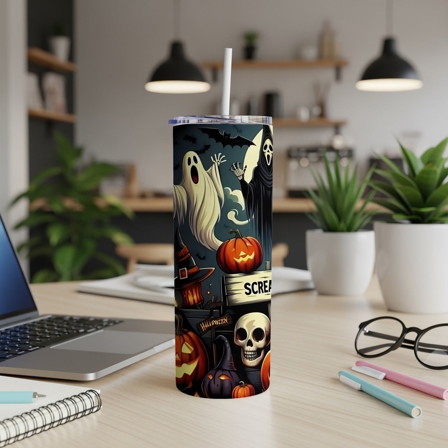 Halloween tumbler with ghosts, pumpkins, skull, and "Scream" text.