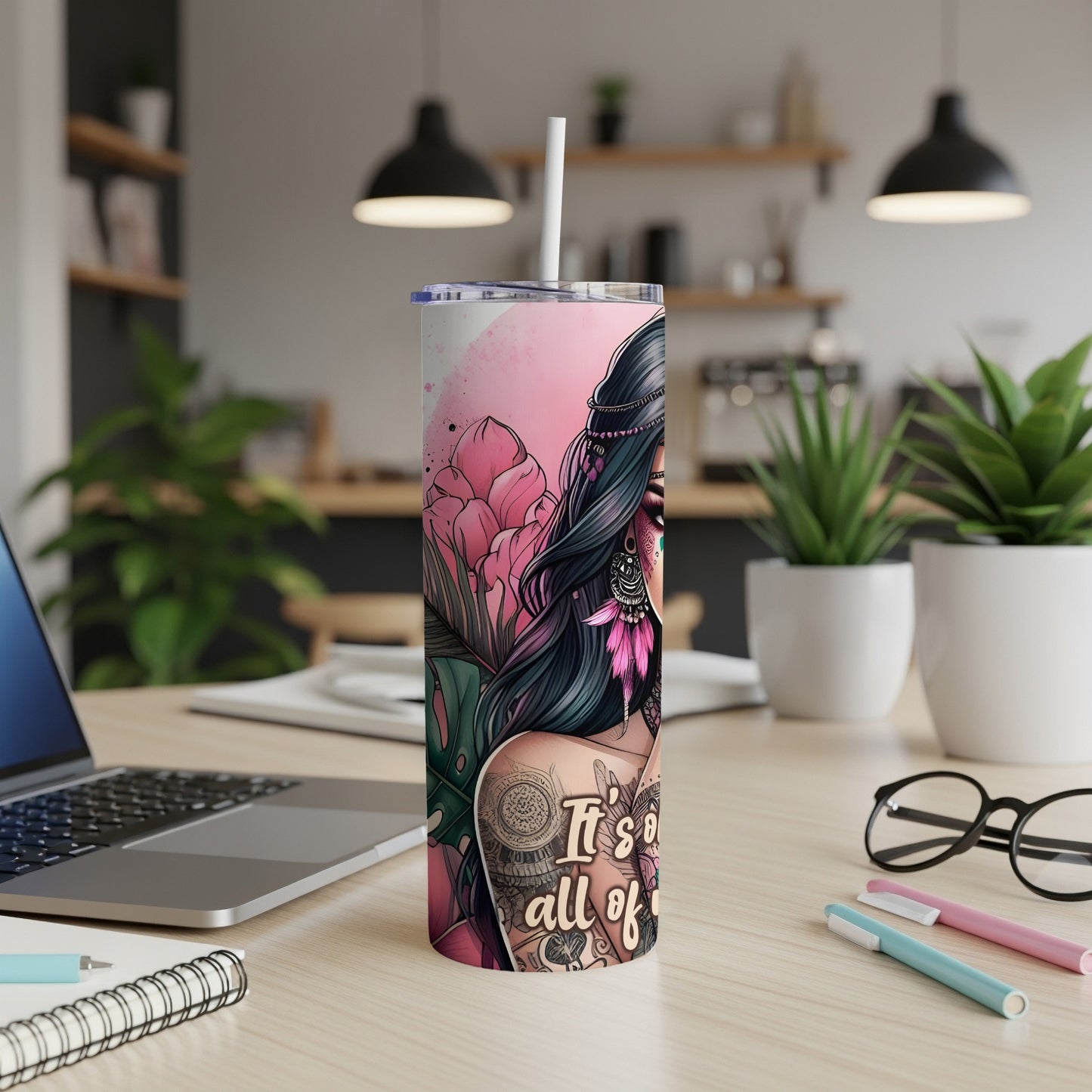 Tumbler with colorful floral and tattoo design, featuring text "It's all of me".