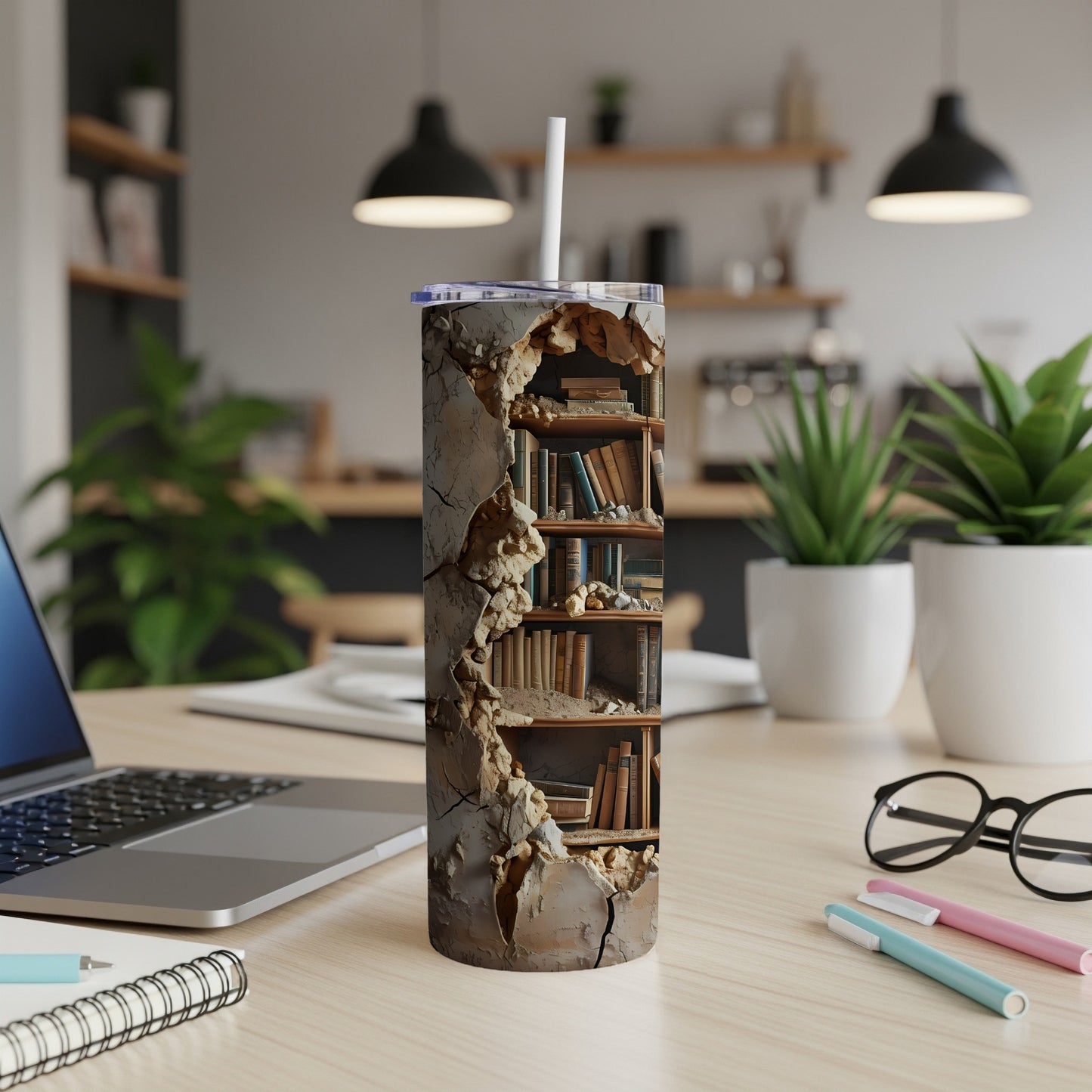 Tall tumbler with cracked plaster revealing a bookshelf filled with books.