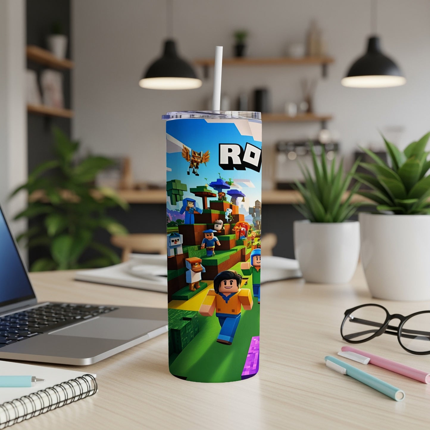 Roblox characters and scene on a blue tumbler with straw.