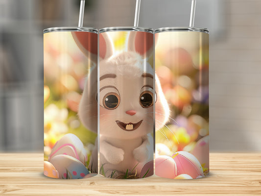 Easter bunny with colorful eggs and floral background, on a wooden surface.