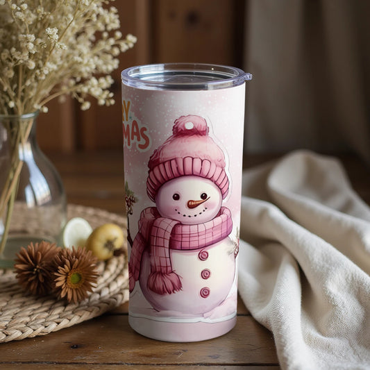 Pink Christmas Snowman Design Insulated Tumbler