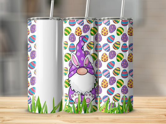 Easter gnome with colorful eggs and green grass on three tumblers.