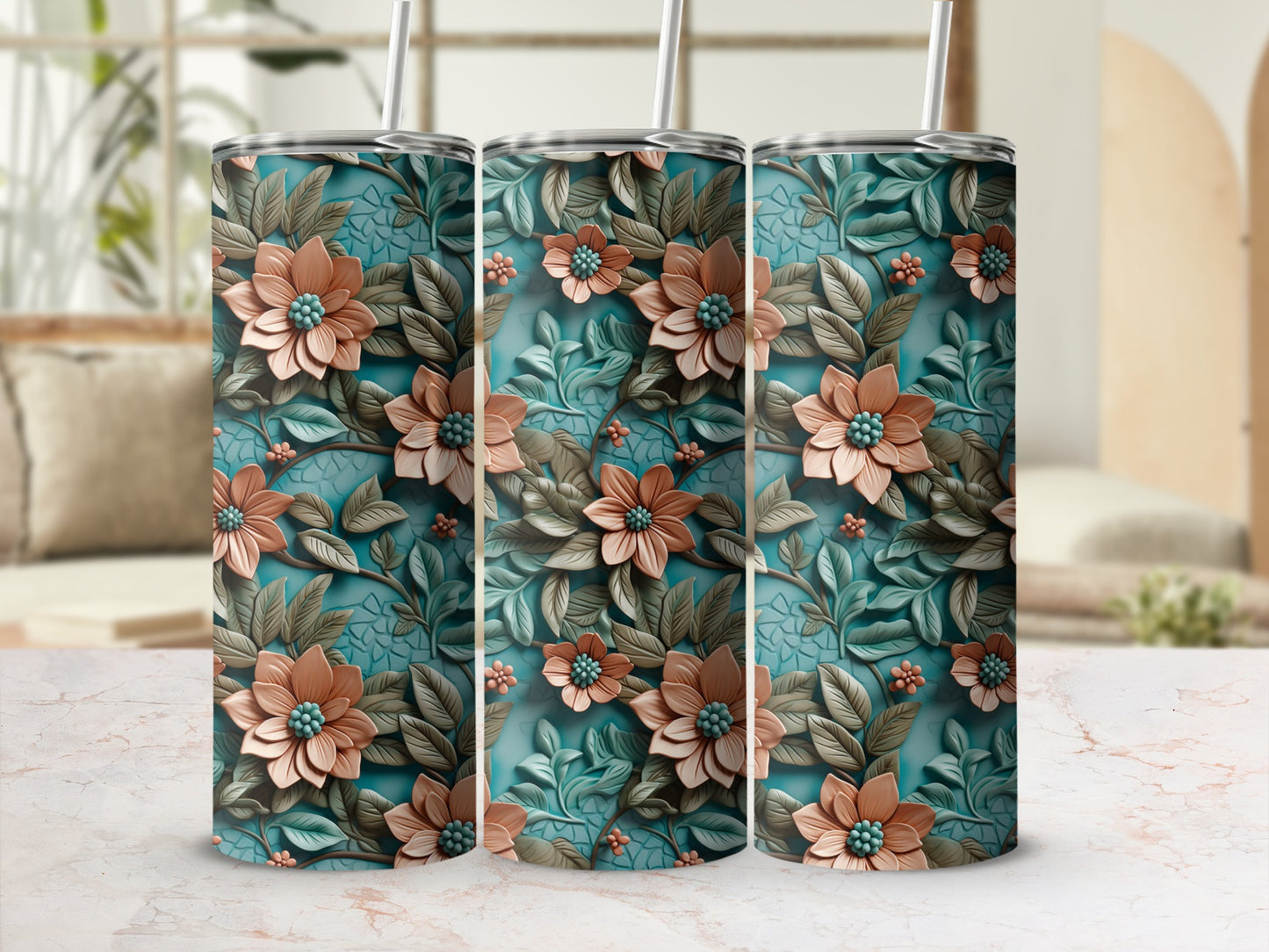 Floral Patterned Insulated Stainless Steel Tumbler