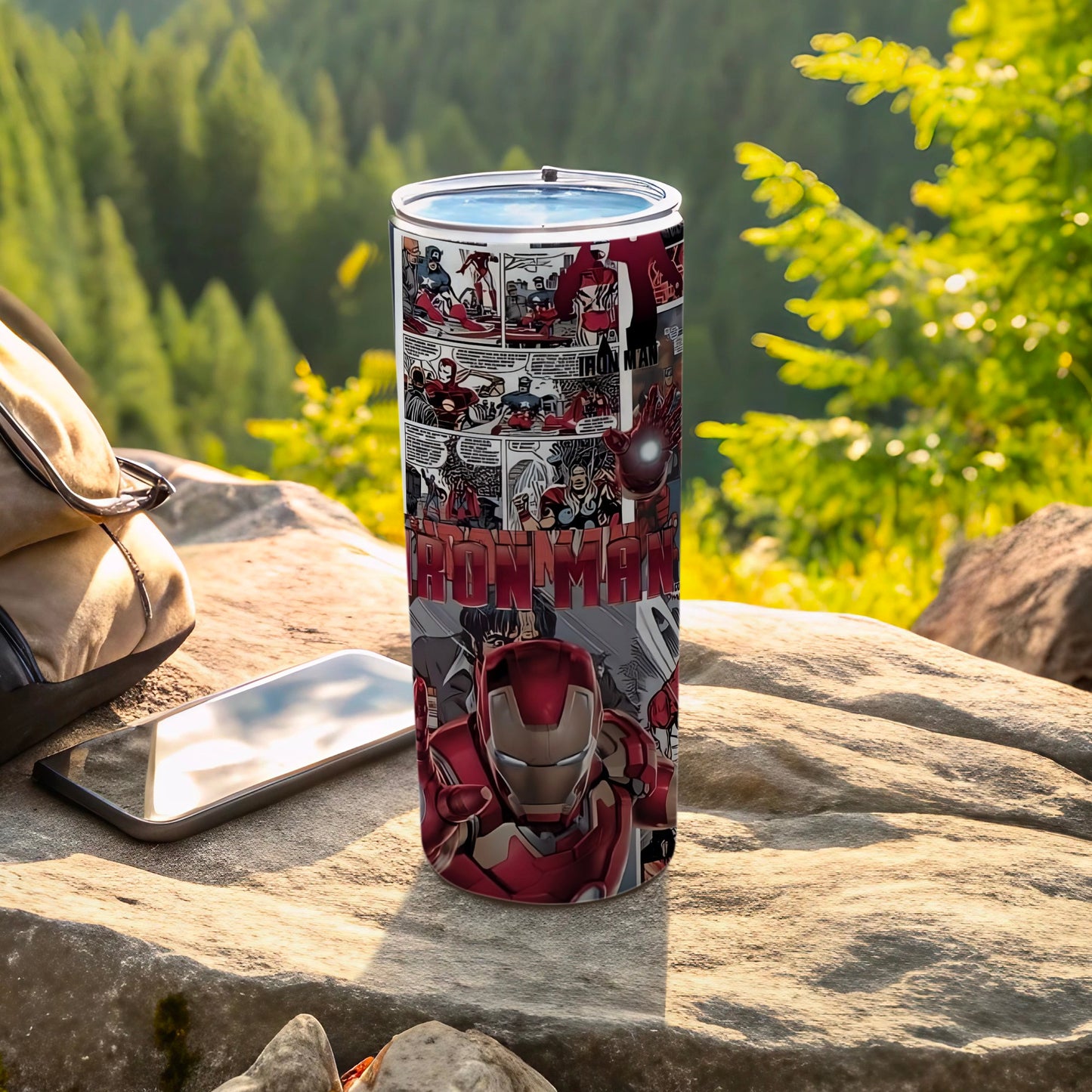Iron Man Comic Book Scene Travel Tumbler with Lid
