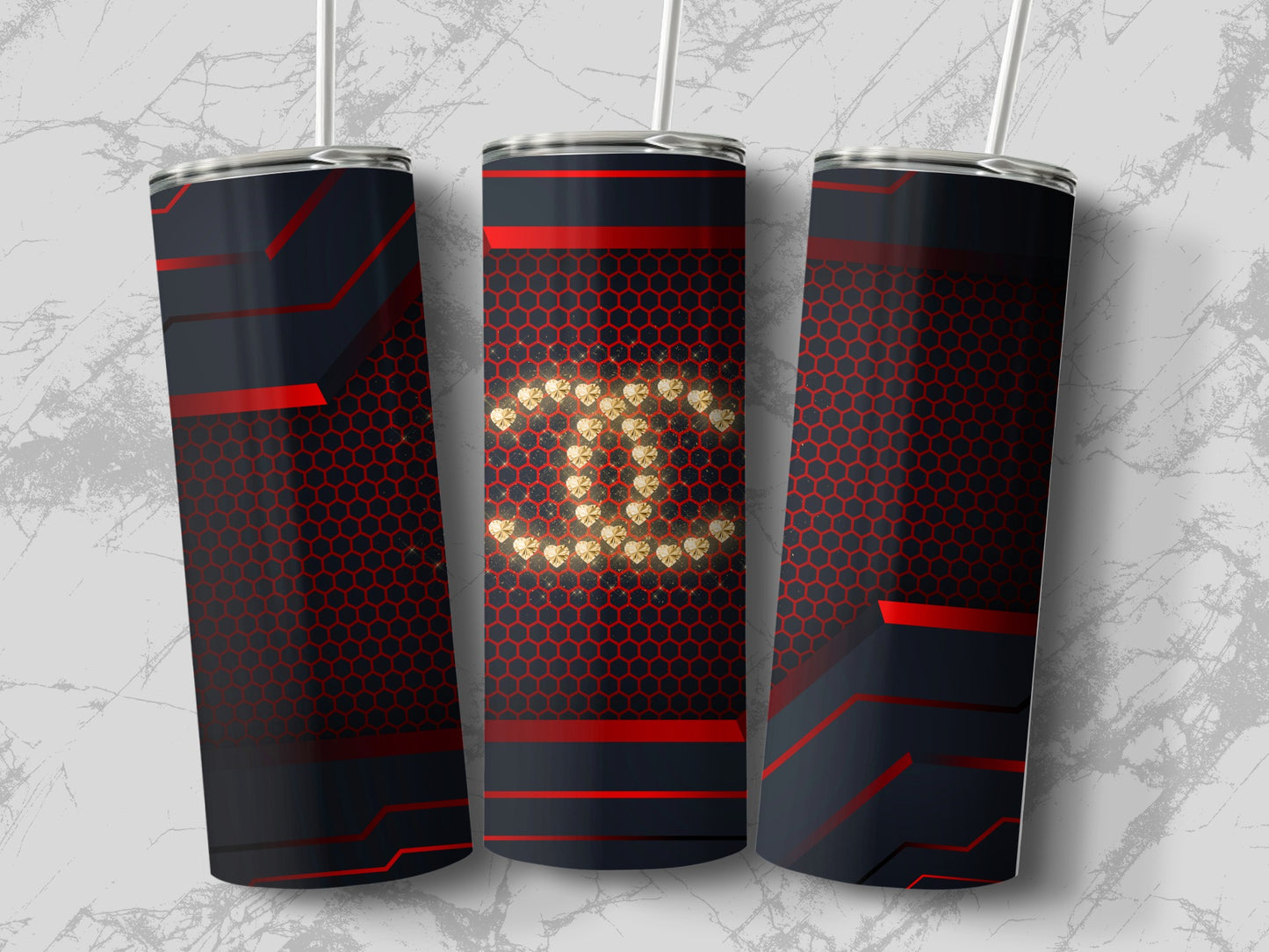 Sleek Black and Red Hexagon Pattern Tumbler Design