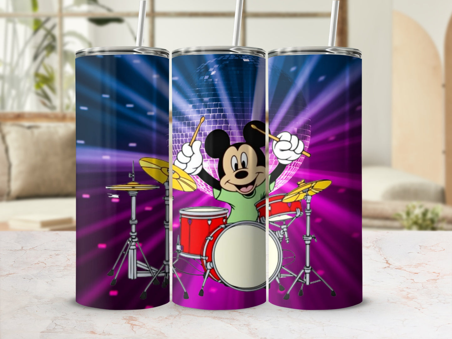 Animated Drumming Mouse Character on Vibrant Tumbler