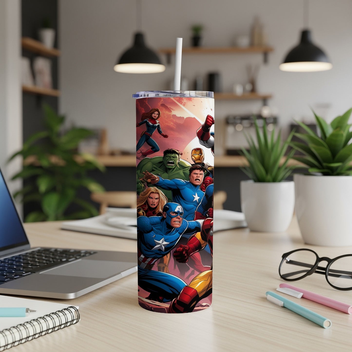 Marvel superheroes assemble on a white tumbler with a straw.