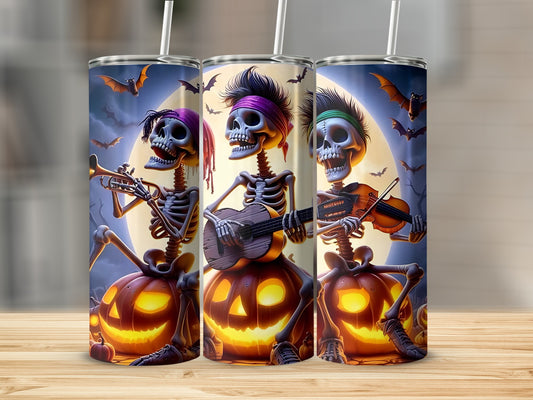 Three skeletons play instruments on carved pumpkins with bats and a moon.