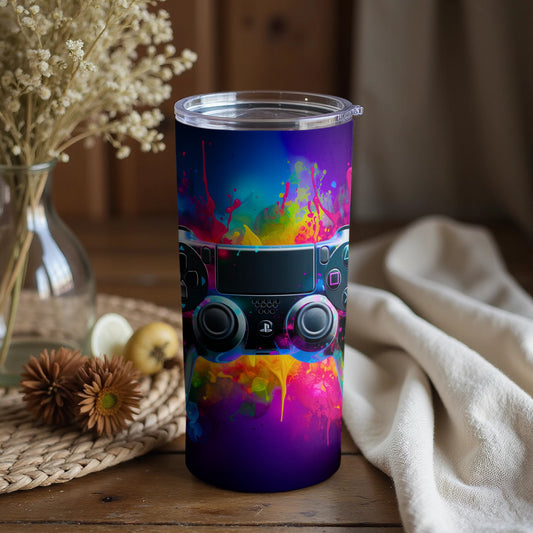 Vibrant Gaming Controller Art Tumbler with Splashes