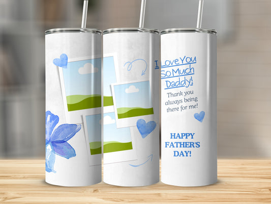 Tumblers with blue hearts, watercolor flowers, and text for Father's Day.