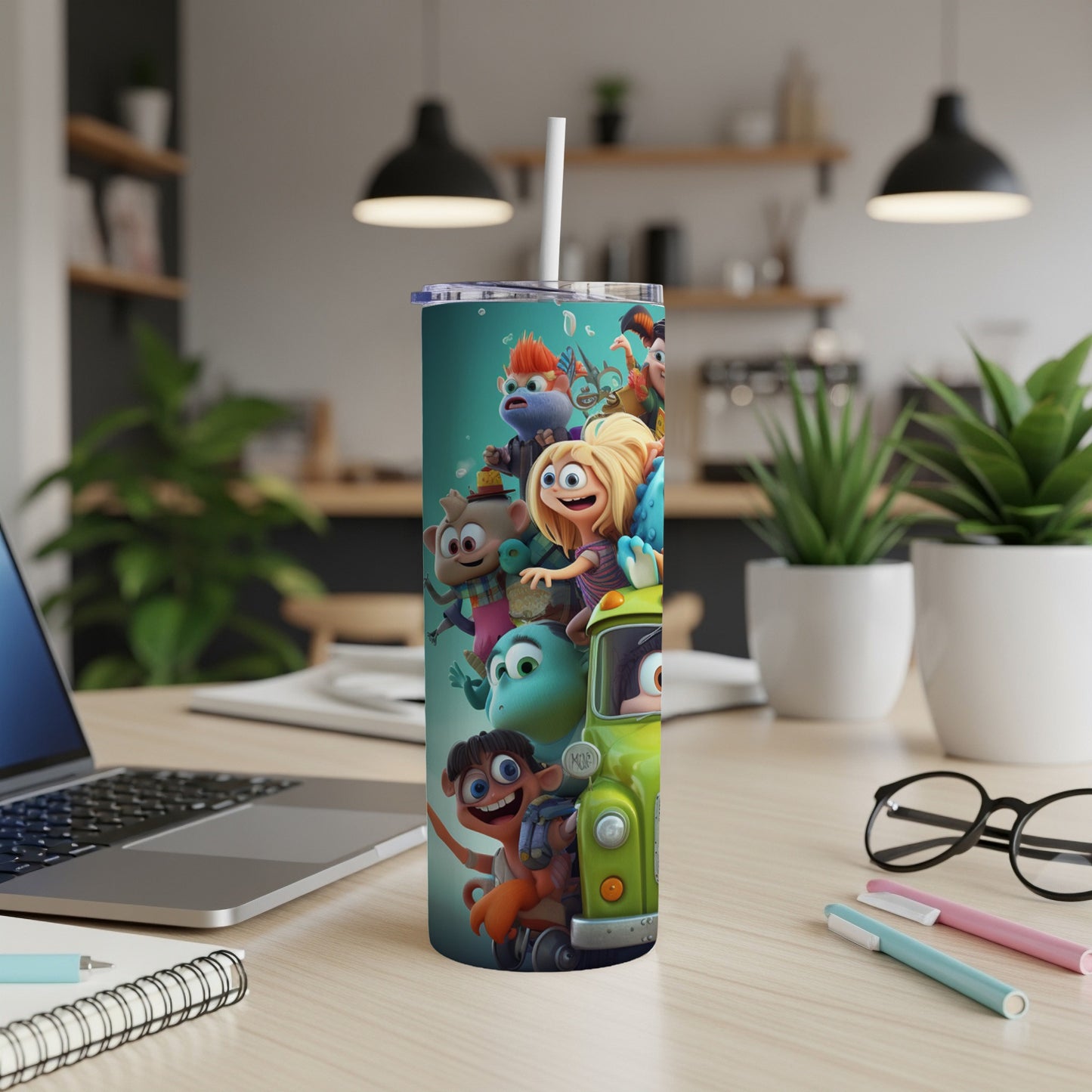 Tumbler with animated characters and a green van design.
