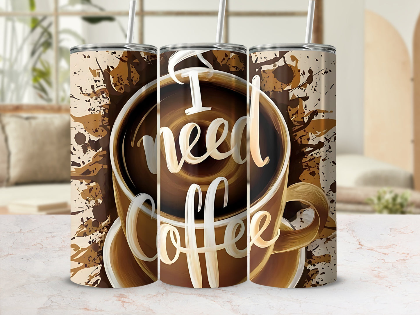 I Need Coffee Tumbler with Artistic Coffee Design