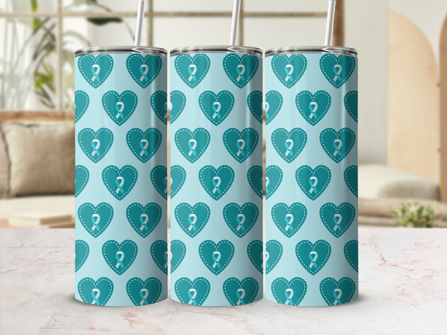 Teal Heart and Ribbon Patterned Stainless Steel Tumbler