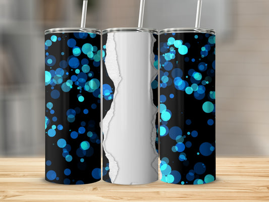 Three tumblers with blue bokeh circles on a black background, one with a torn paper effect.