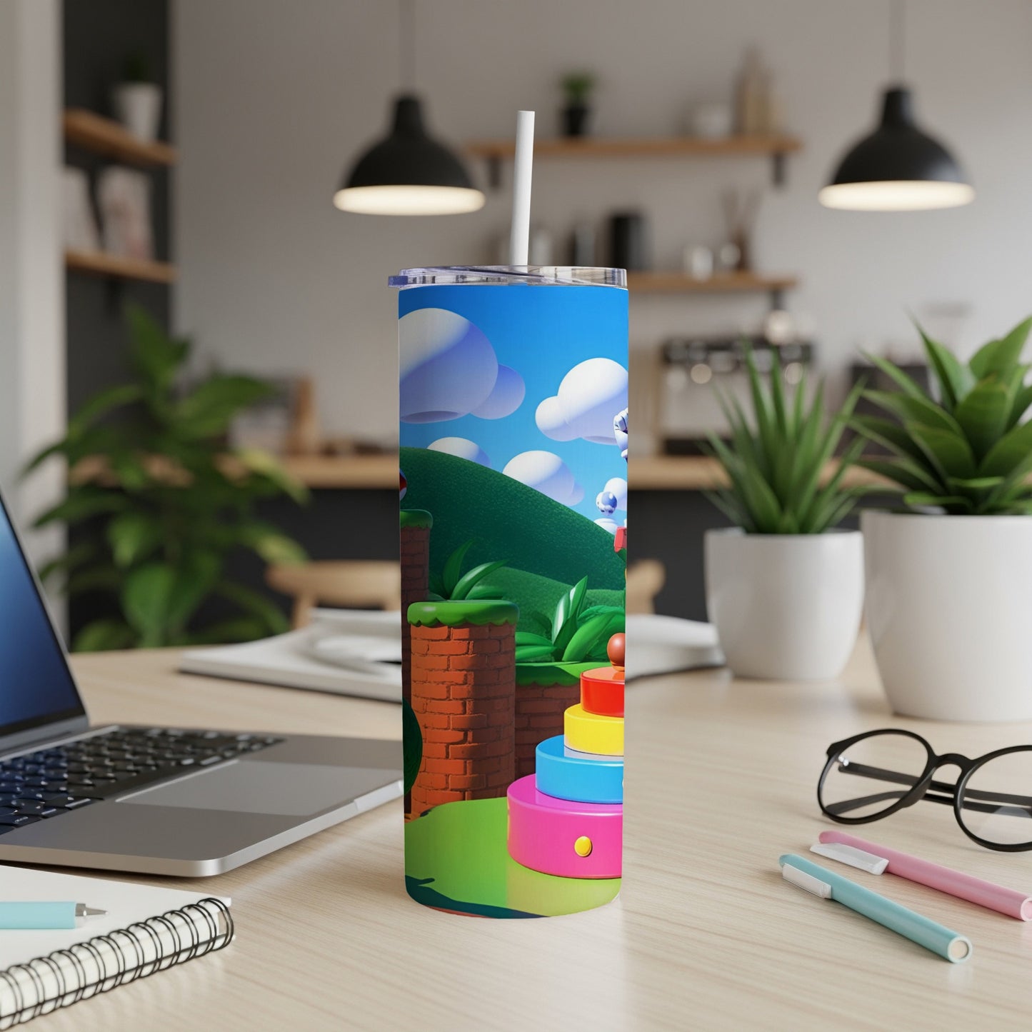 Super Mario themed tumbler with colorful blocks and characters.