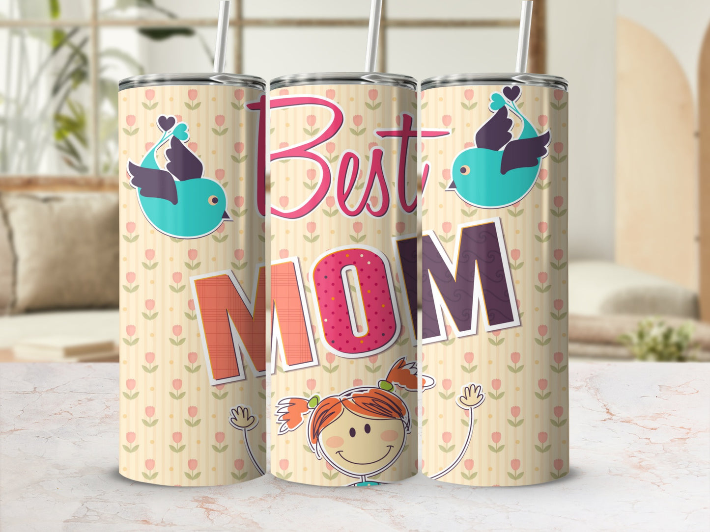 Best Mom Cute Blue Bird and Flowers Tumbler Cup