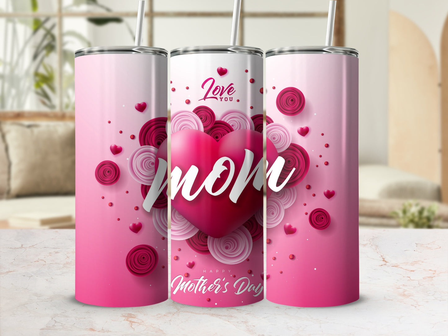 Mother's Day Pink Heart Design Travel Tumbler Cup