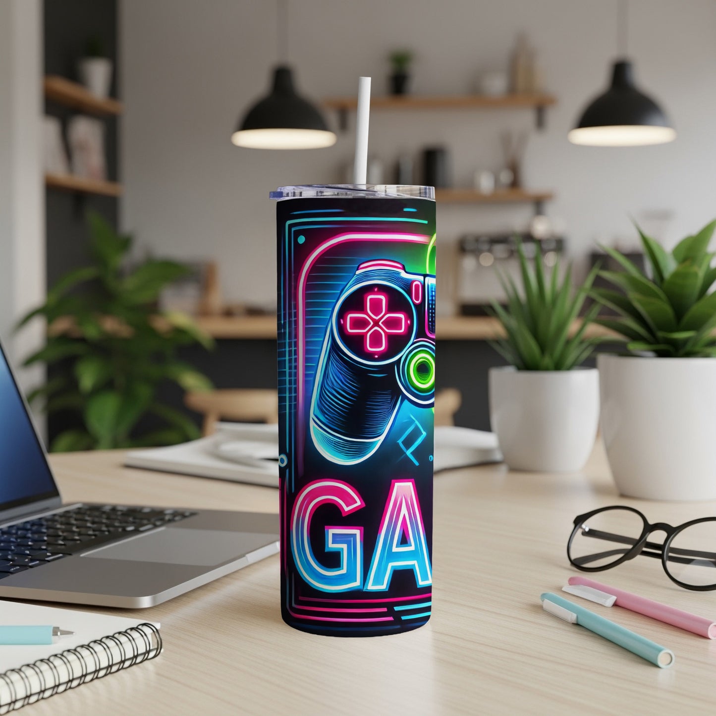 Neon "GA" text and video game controller on a tumbler.