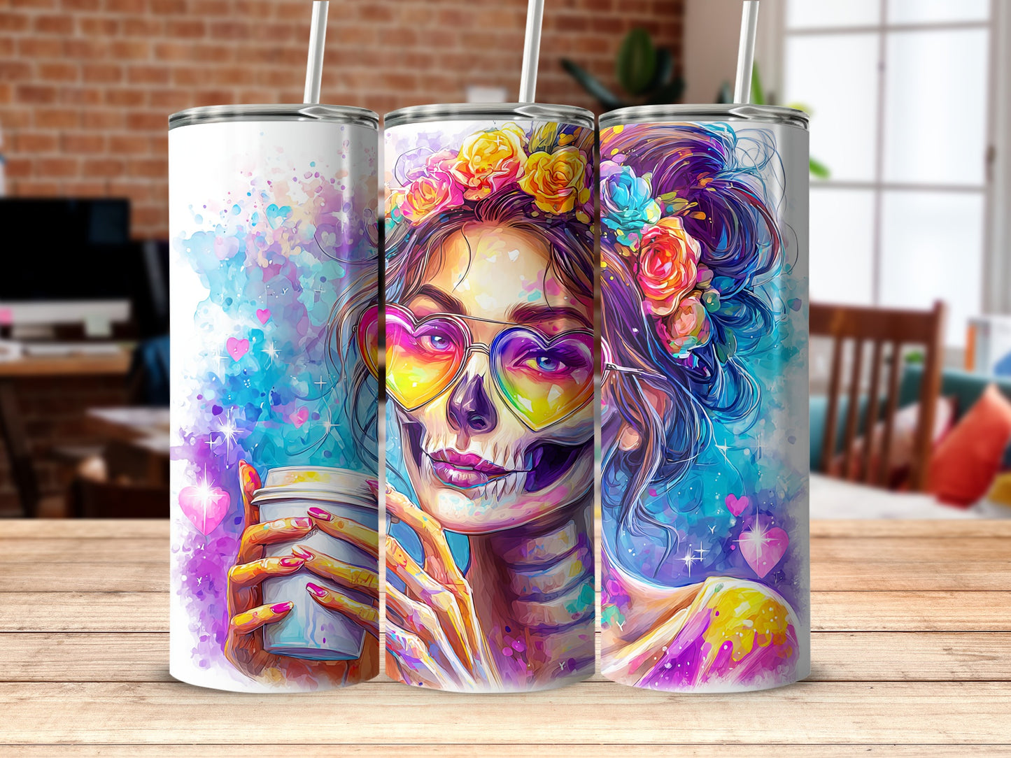 Colorful Skull Woman with Flowers Tumbler
