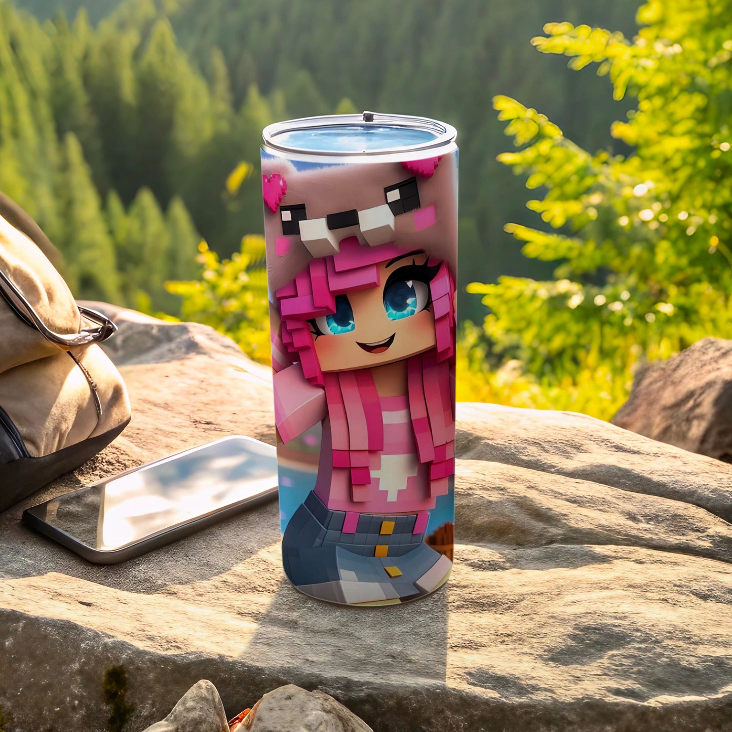 Cute Pixelated Character Themed Tumbler with Lid