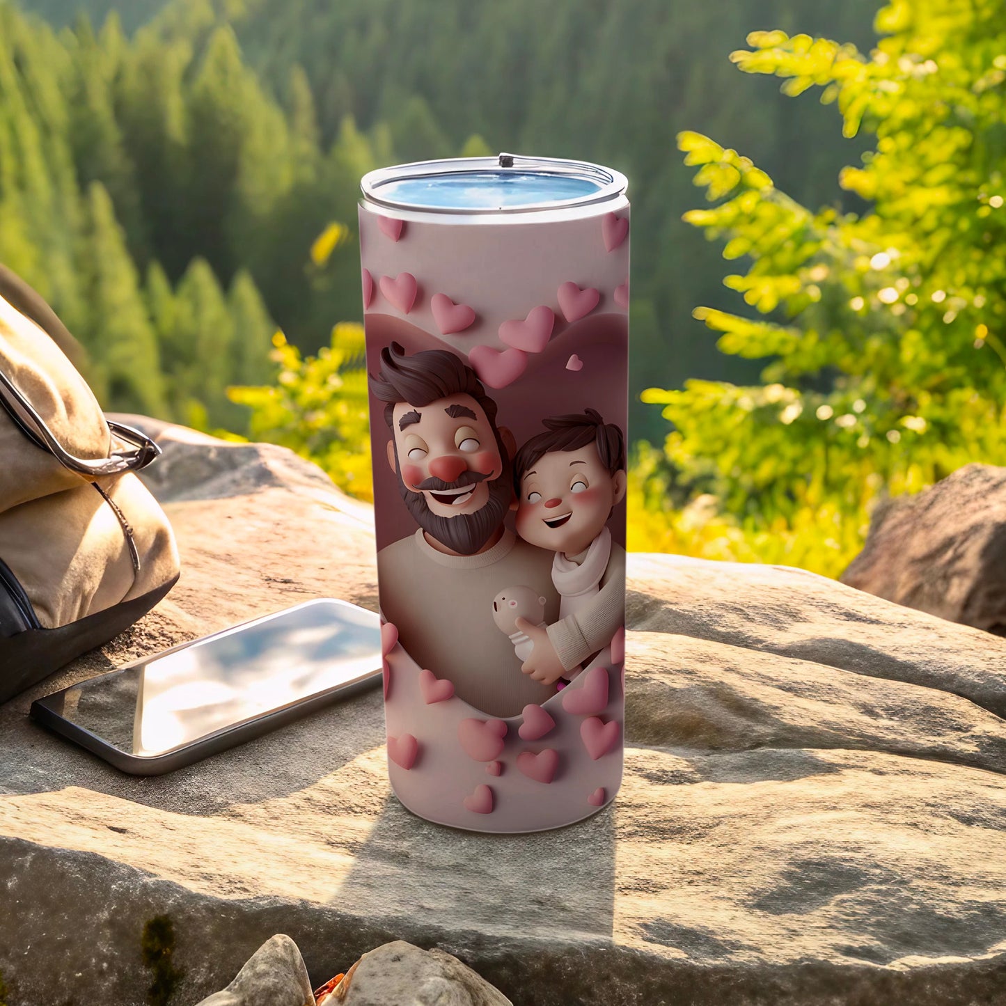 Tumbler with father and son illustration surrounded by hearts.