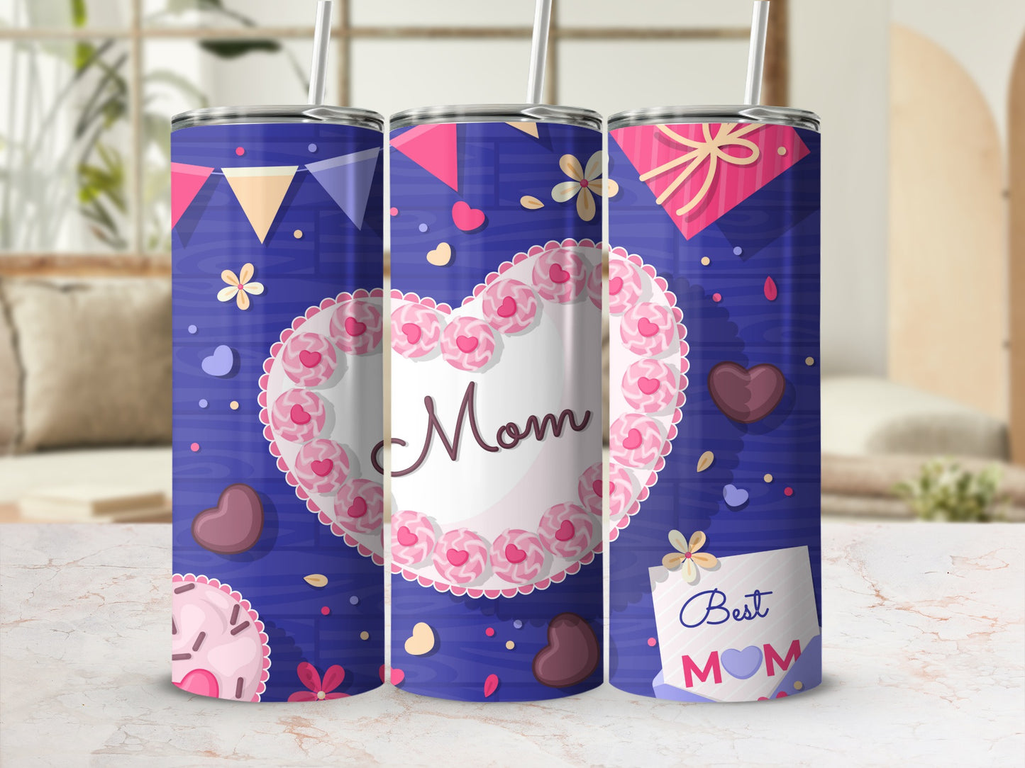 Best Mom Tumbler with Heart and Flower Design