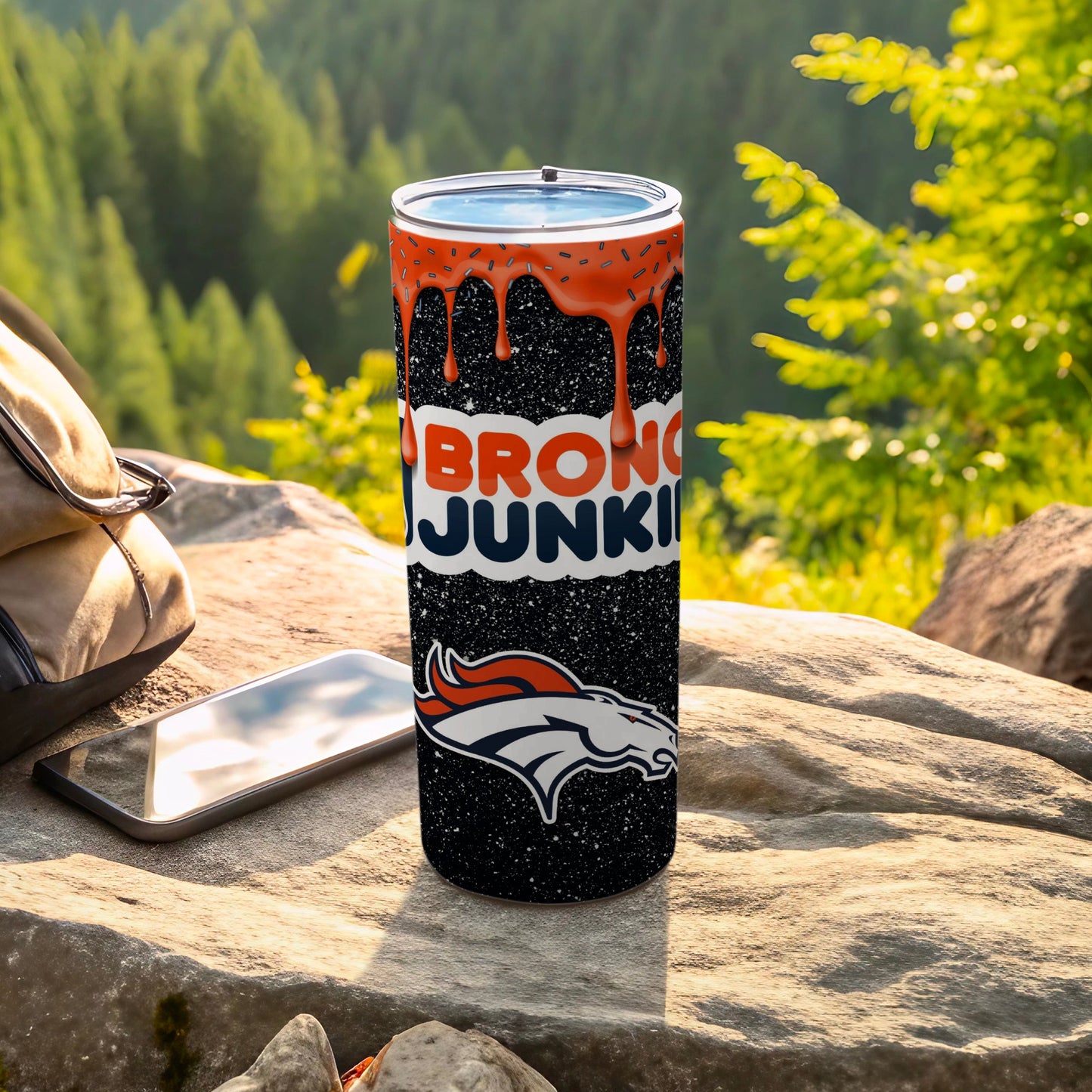 Bronco Junkie Tumbler with Orange and Black Design