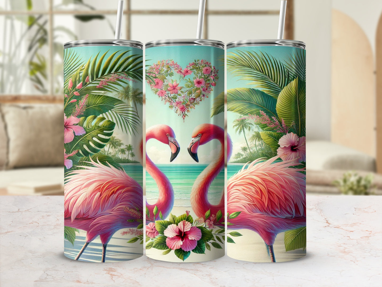 Tropical Flamingo Design Tumbler Flask with Straw